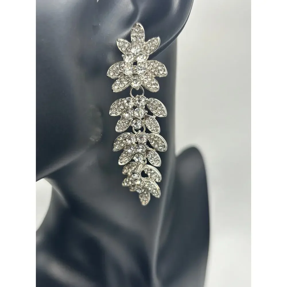Silver-Tone Crystal‎ Leaf Linear Drop Earrings